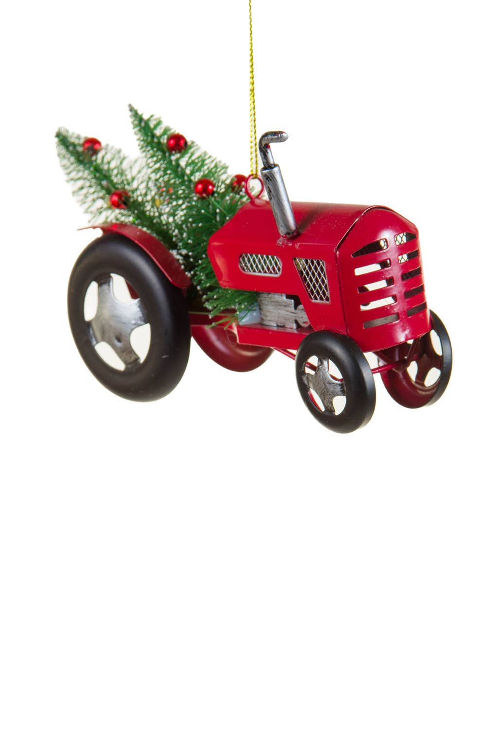 Red Tractor Ornament with Frosted Christmas Trees