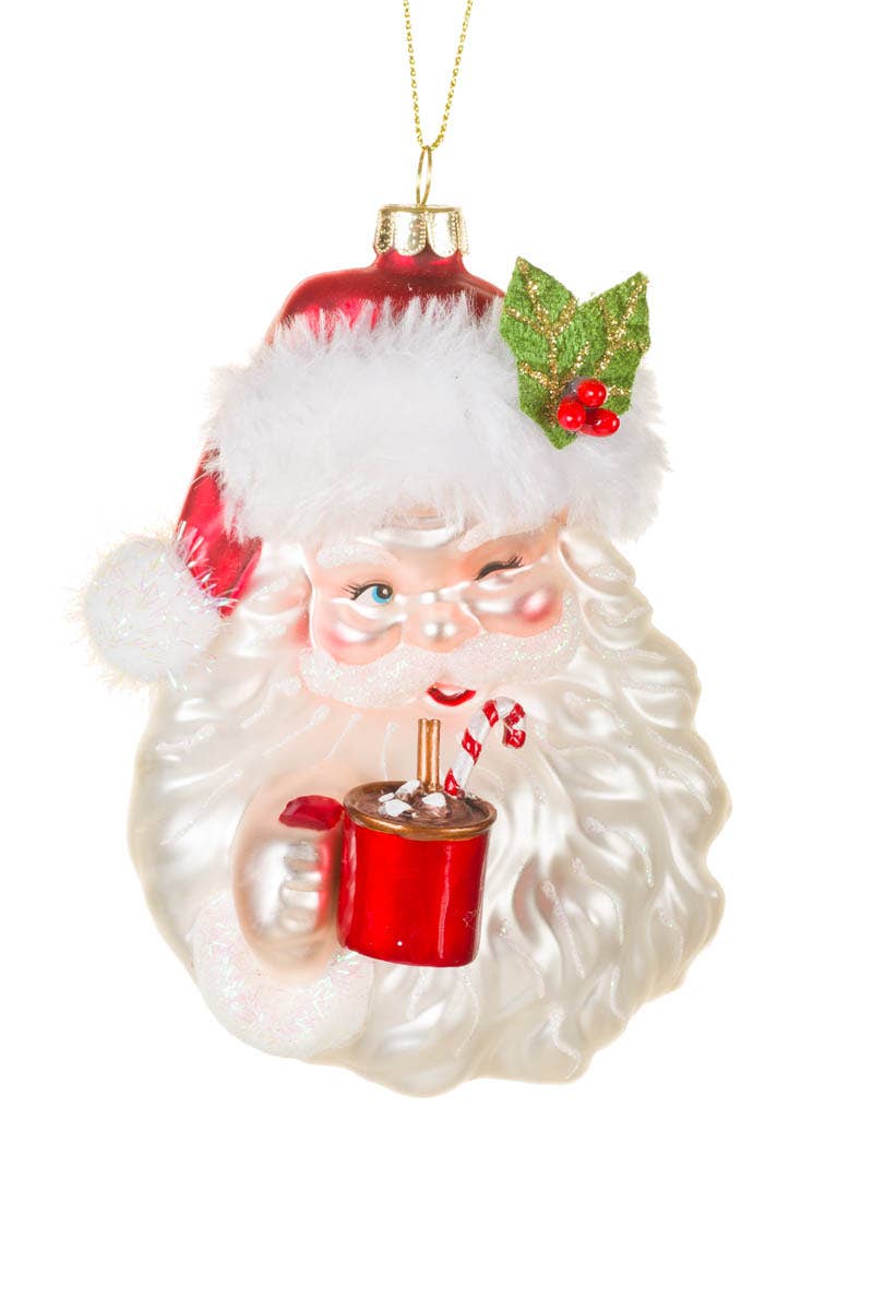 NEW-White Winking Santa Head Ornament With Hot Cocoa