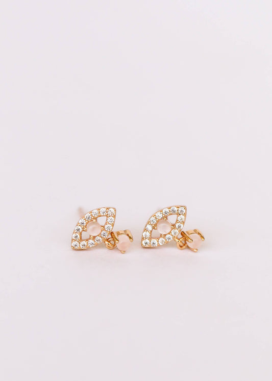 Evil Eye Drop - Rose Quartz - Gold Earrings