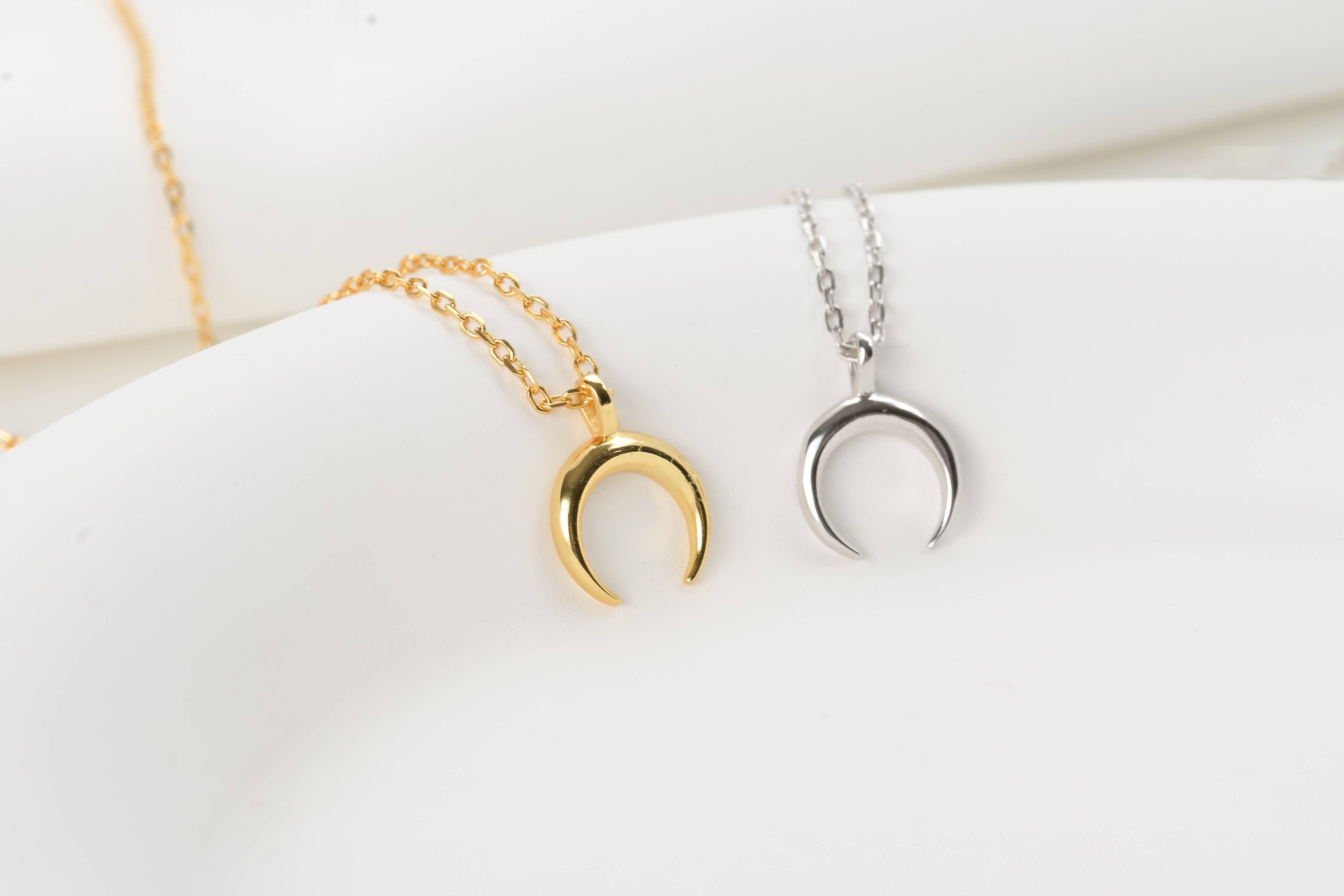 Silver Moon Crescent Necklace - Gold Vermeil Horn Necklace: Yellow Gold