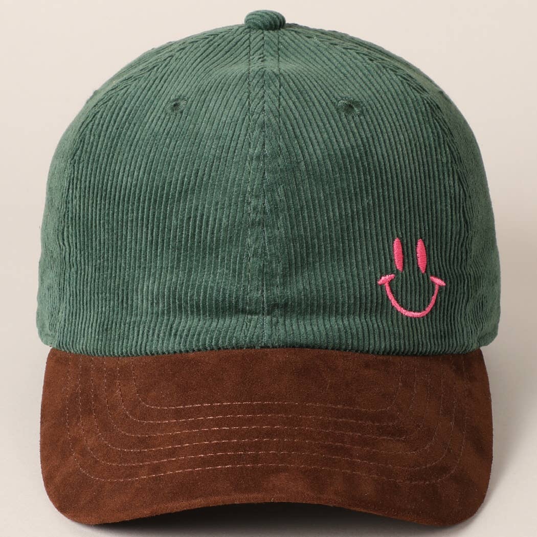 Happy Face Embroidered Two-Tone Corduroy Cap