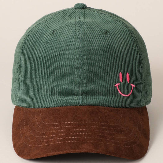 Happy Face Embroidered Two-Tone Corduroy Cap