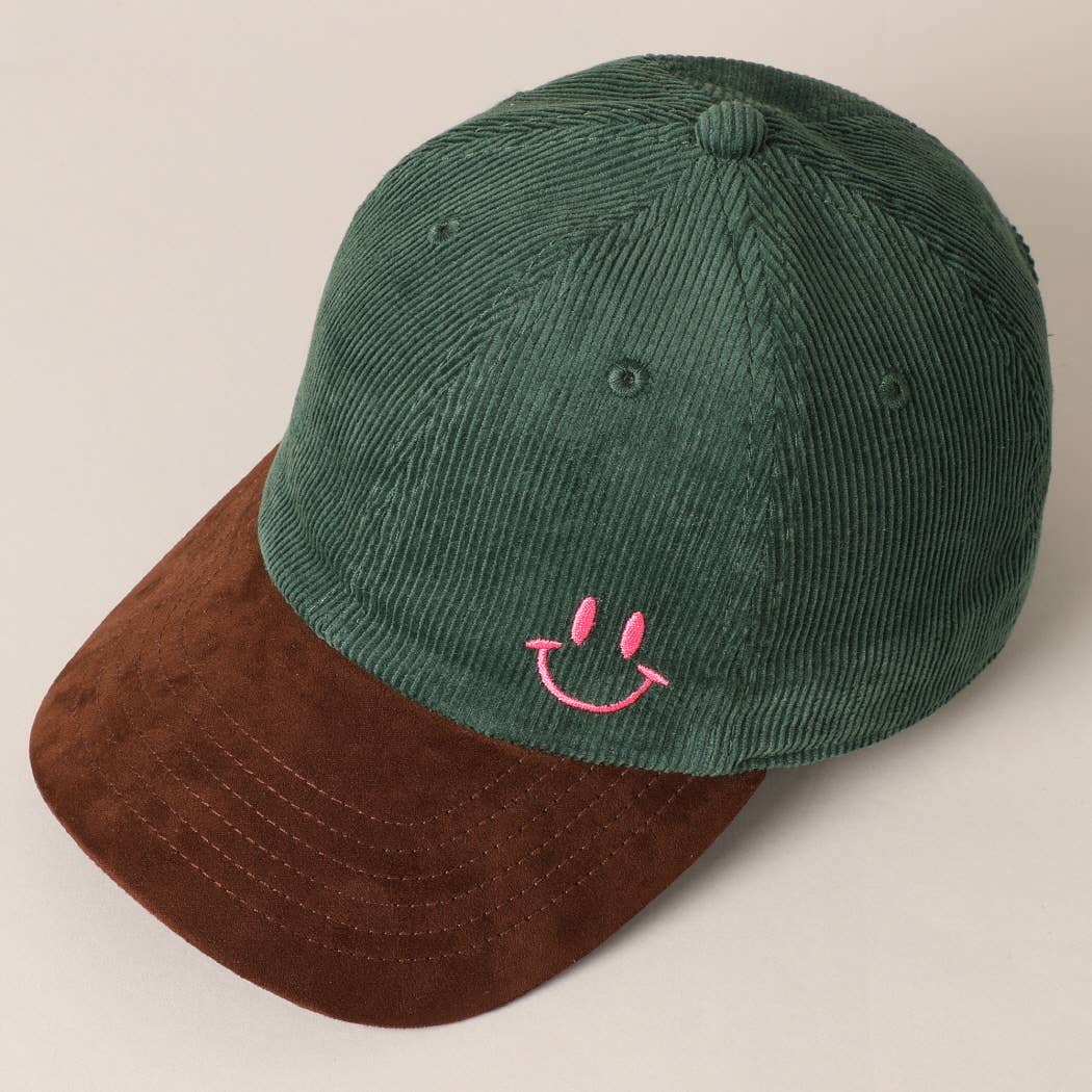 Happy Face Embroidered Two-Tone Corduroy Cap