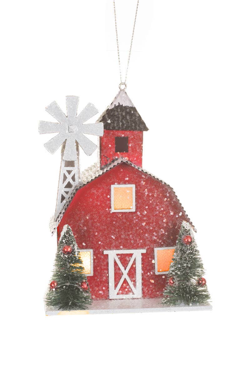 NEW-Red/White Led Gambrel Roof Barn Ornament