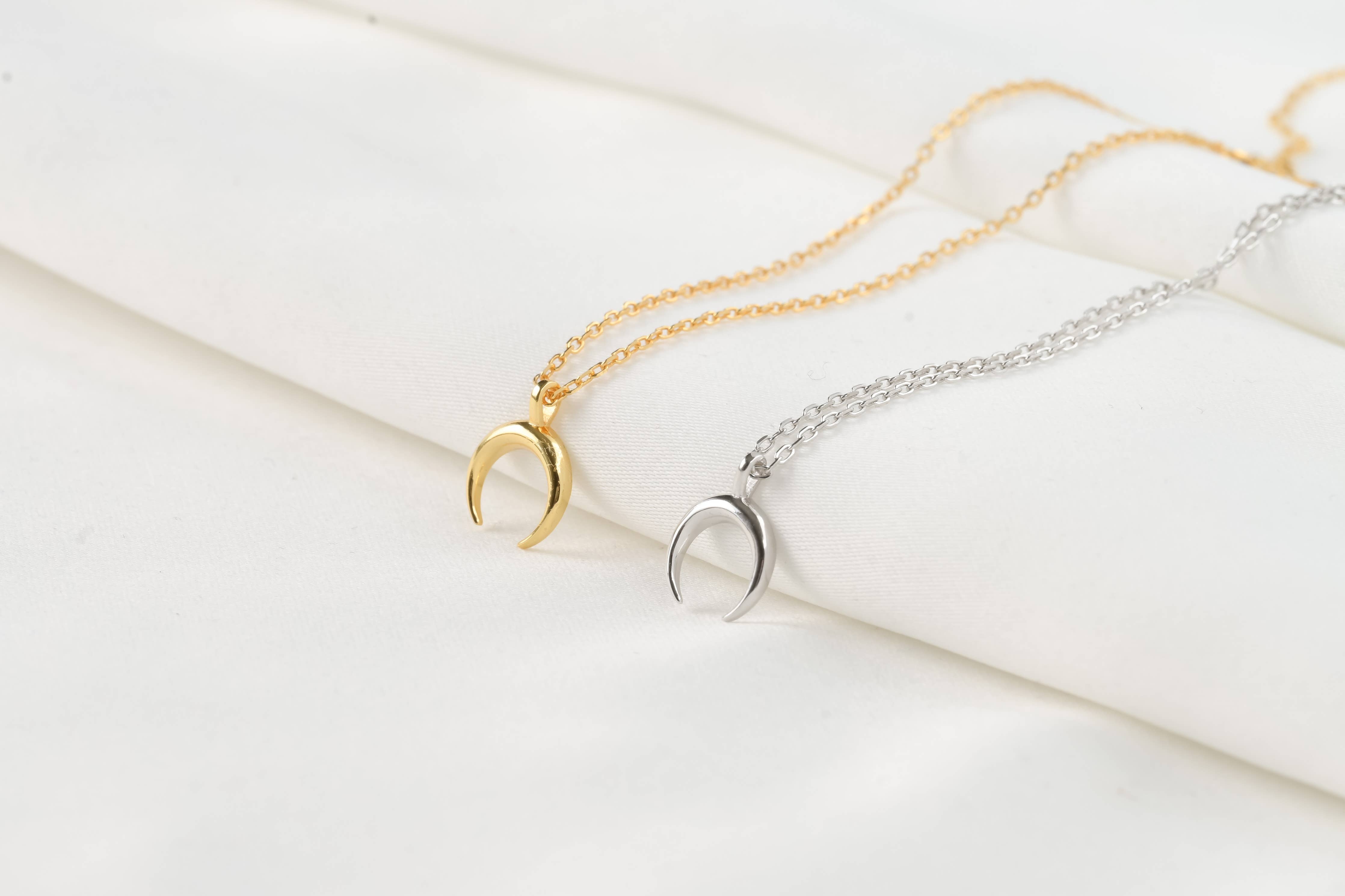 Silver Moon Crescent Necklace - Gold Vermeil Horn Necklace: Yellow Gold